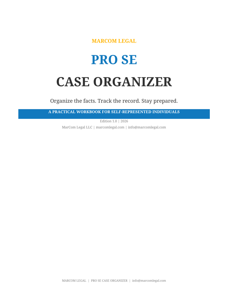Cover of the MarCom Legal Pro Se Case Organizer digital workbook